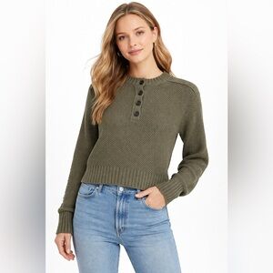 American Eagle Olive Green Waffle Knit Henley Sweater Medium Button Front